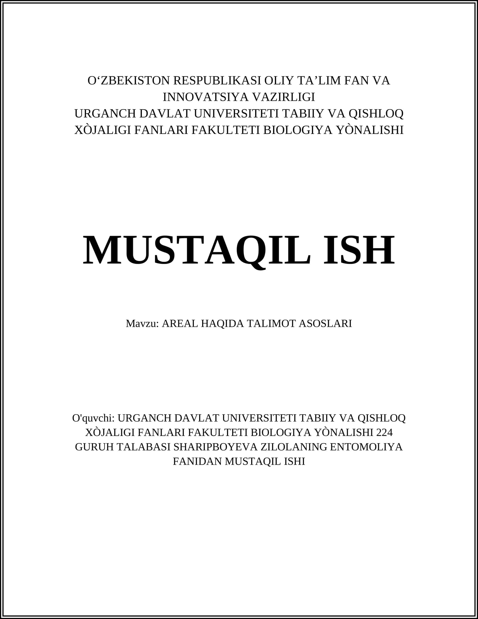 AREAL HAQIDA TALIMOT ASOSLARI