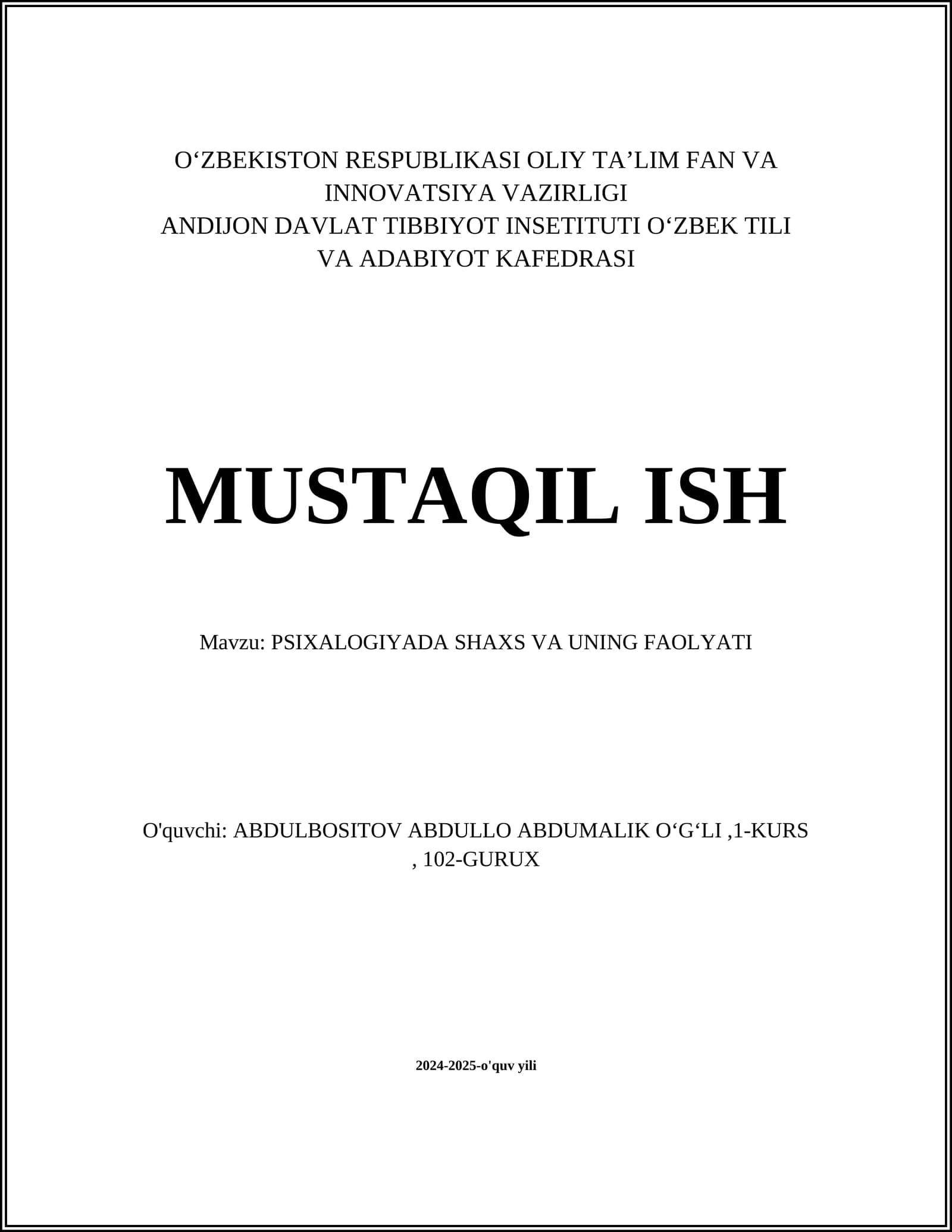PSIXALOGIYADA SHAXS VA UNING FAOLYATI