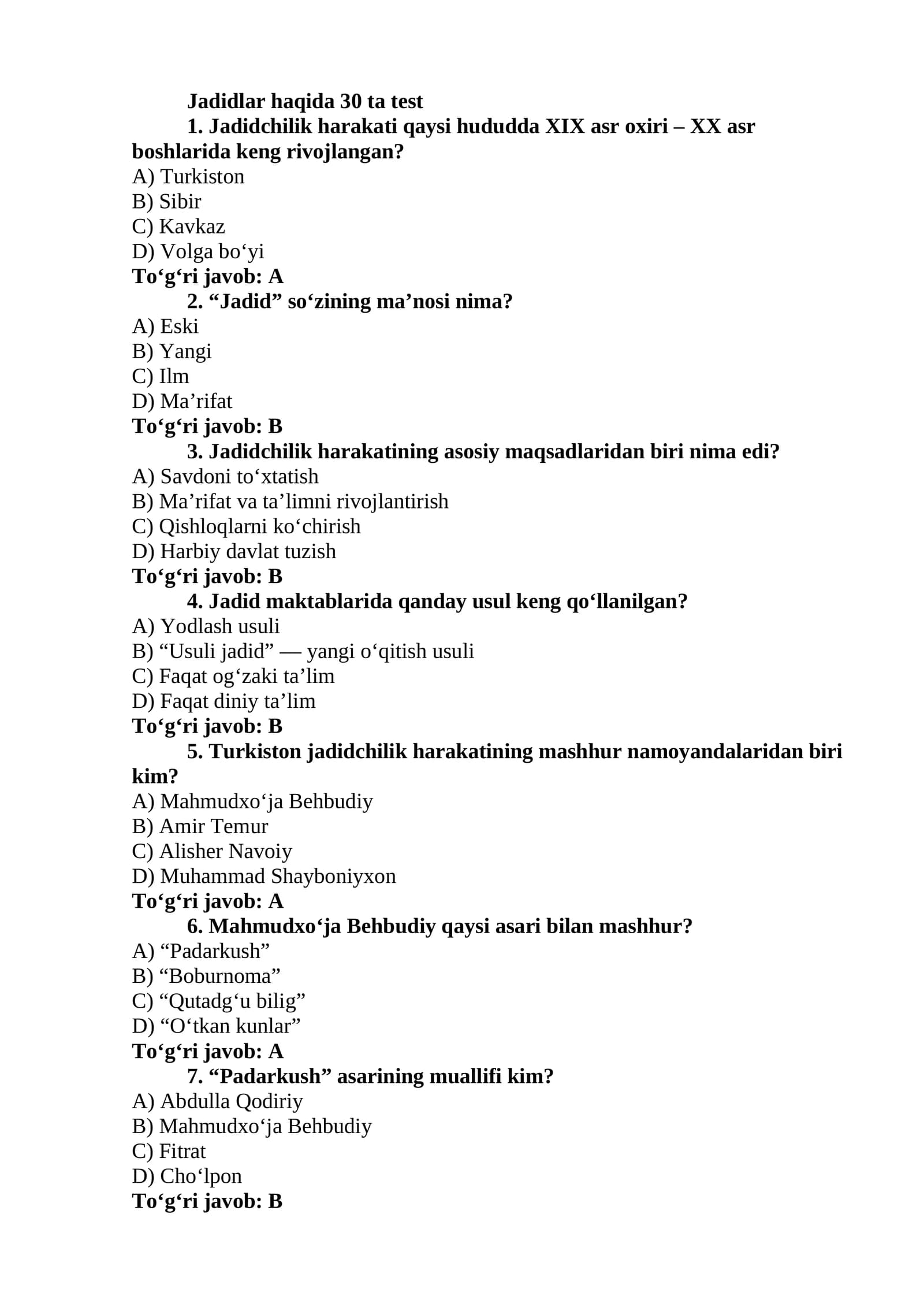 Jadidlar haqida 30 ta test