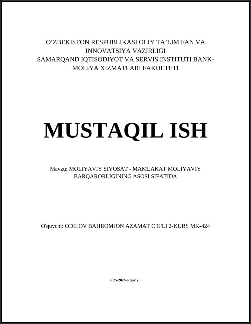MOLIYAVIY SIYOSAT - MAMLAKAT MOLIYAVIY BARQARORLIGINING ASOSI SIFATIDA