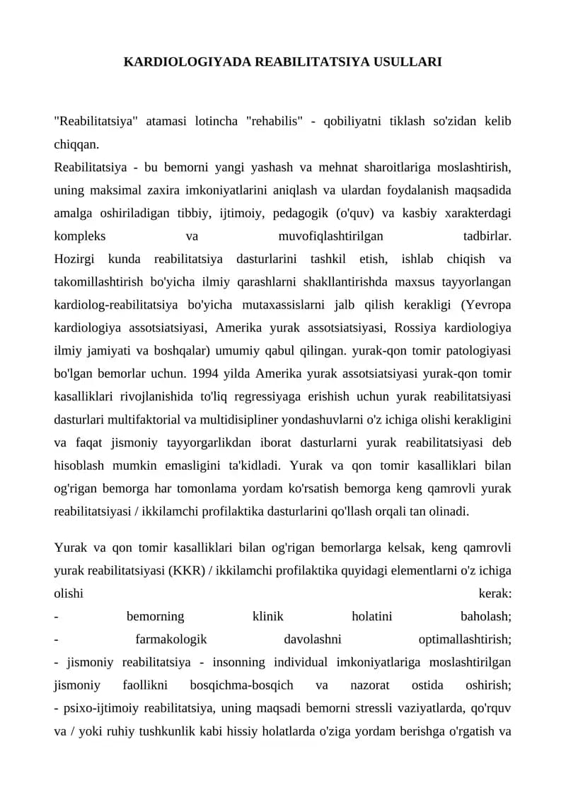 KARDIOLOGIYADA REABILITATSIYA USULLARI