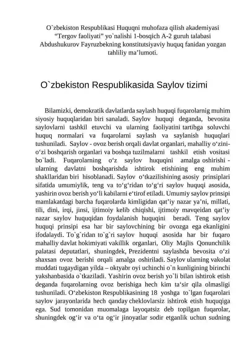 O`zbekiston Respublikasida Saylov tizimi