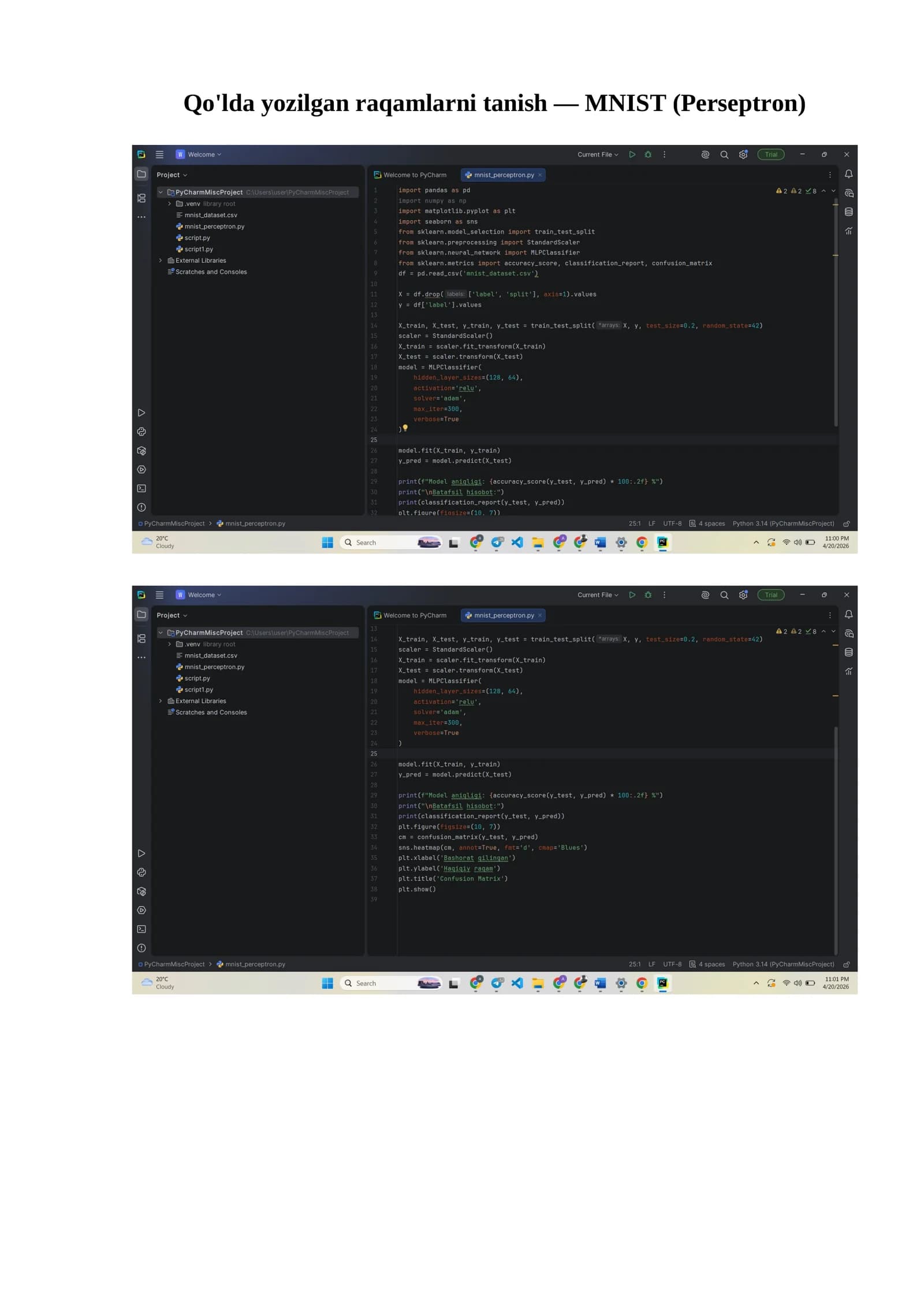 Qo'lda yozilgan raqamlarni tanish — MNIST (Perseptron)