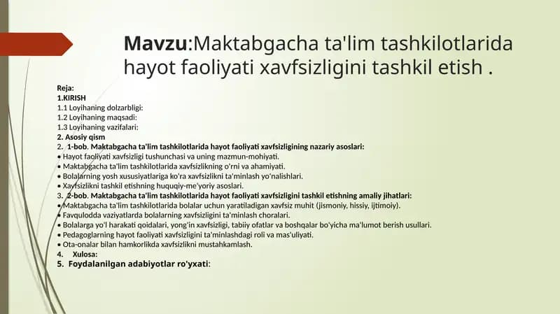 Maktabgacha ta'lim tashkilotida hayot faoliyati xavfsizligini tashkil etish