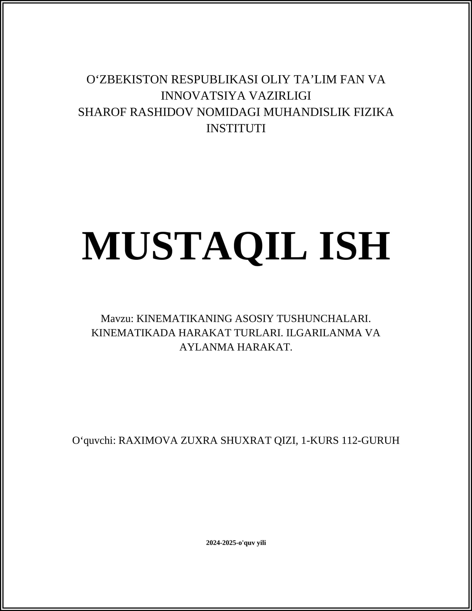KINEMATIKANING ASOSIY TUSHUNCHALARI