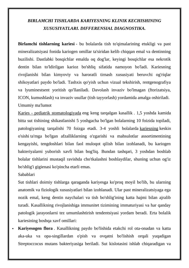 BIRLAMCHI TISHLARDA KARIYESNING KLINIK KECHISHINING XUSUSIYATLARI