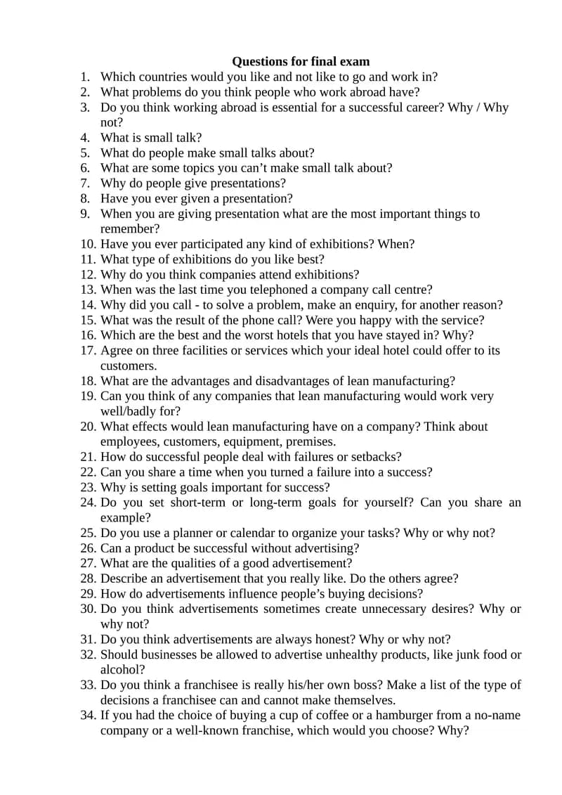 Questions for final exam