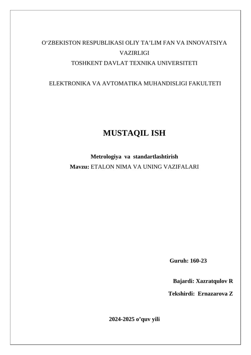Etalon Nima va uning vazifalari