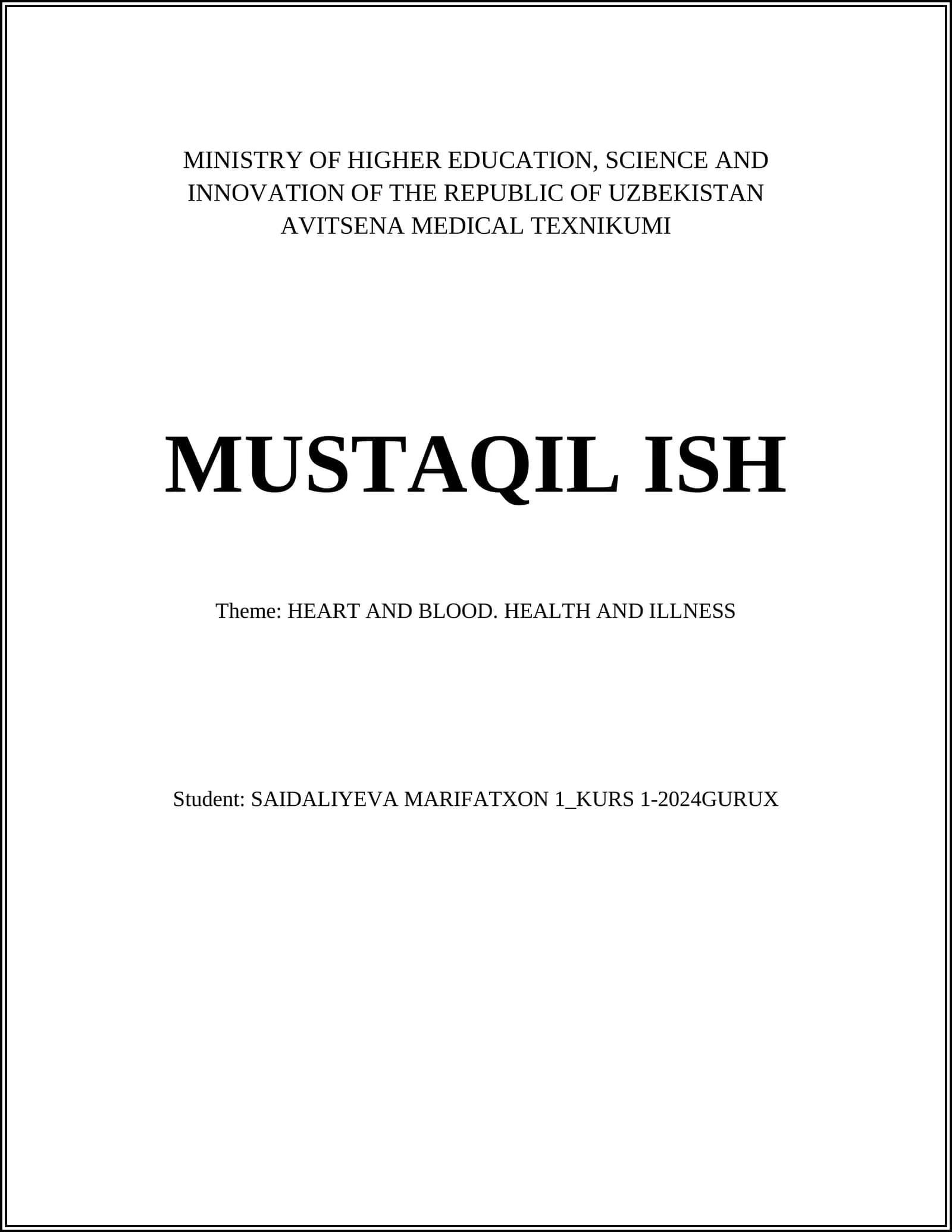 AVITSENA MEDICAL TEXNIKUMI MUSTAQIL ISH