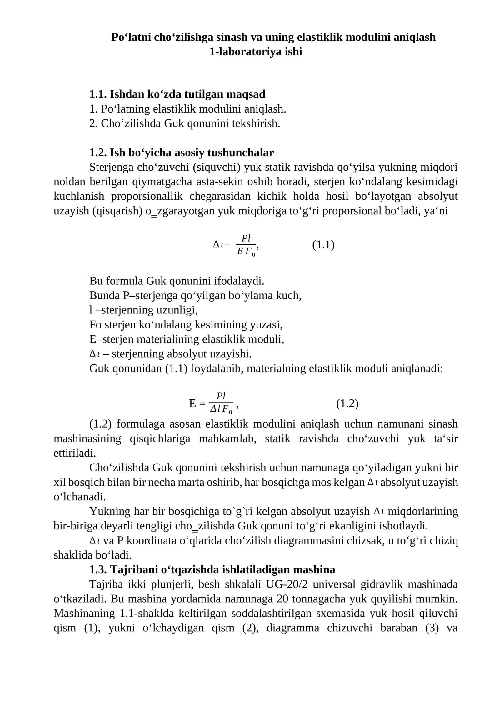 Po‘latni cho‘zilishga sinash va uning elastiklik modulini aniqlash