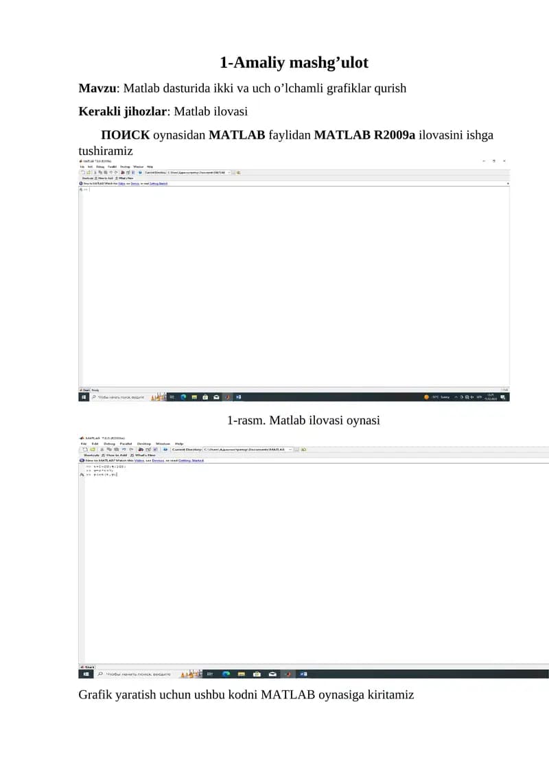 Matlab dasturida ikki va uch o'lchamli grafiklar qurish