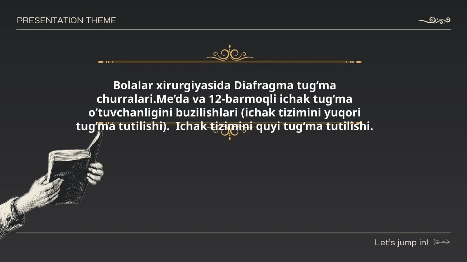 Bolalar xirurgiyasida Diafragma tug‘ma churralari.Me’da va 12-barmoqli ichak tug‘ma o‘tuvchanligini buzilishlari (ichak tizimini yuqori tug‘ma tutilishi). Ichak tizimini quyi tug‘ma tutilishi