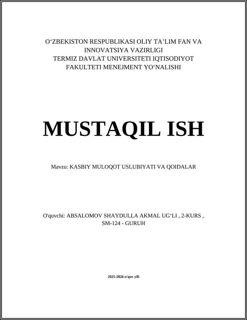 KASBIY MULOQOT USLUBIYATI VA QOIDALAR
