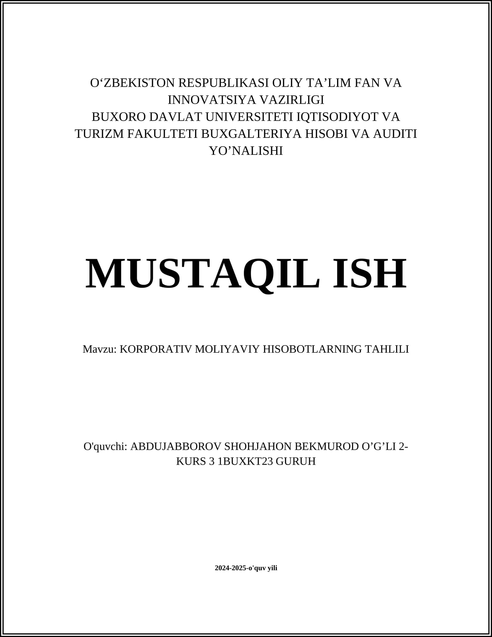KORPORATIV MOLIYAVIY HISOBOTLARNING TAHLILI