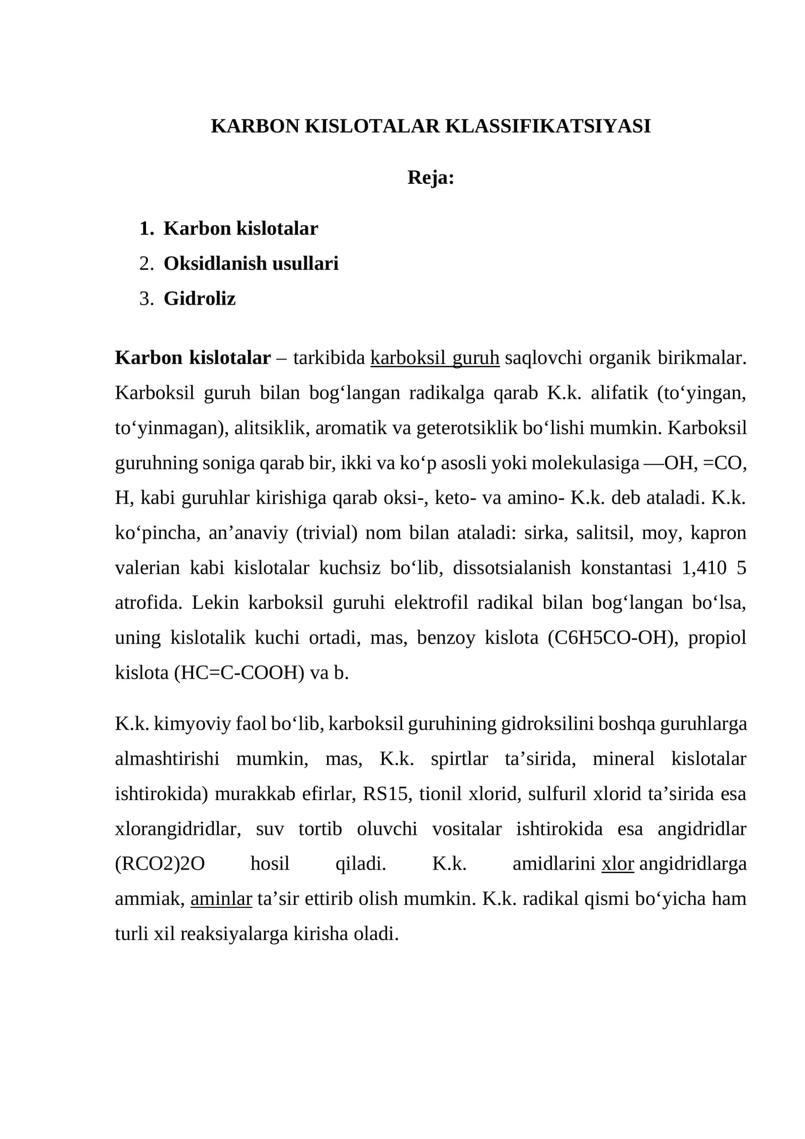 KARBON KISLOTALARKLASSIFIKATSIYASI