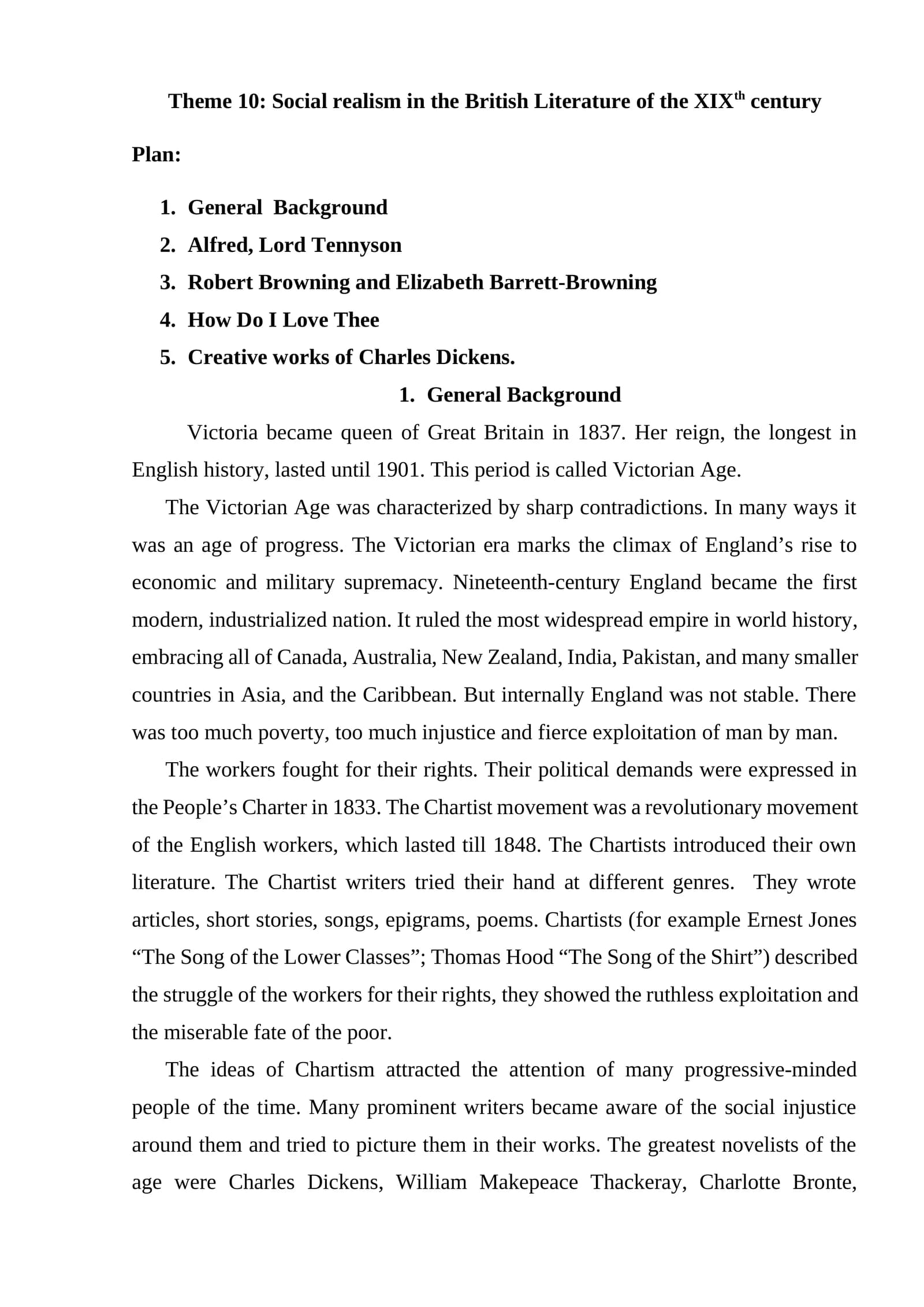 Theme 10: Social realism in the British Literature of the XIXth century