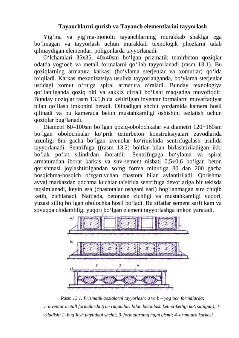 Tayanchlarni qurish va Tayanch elementlarini tayyorlash