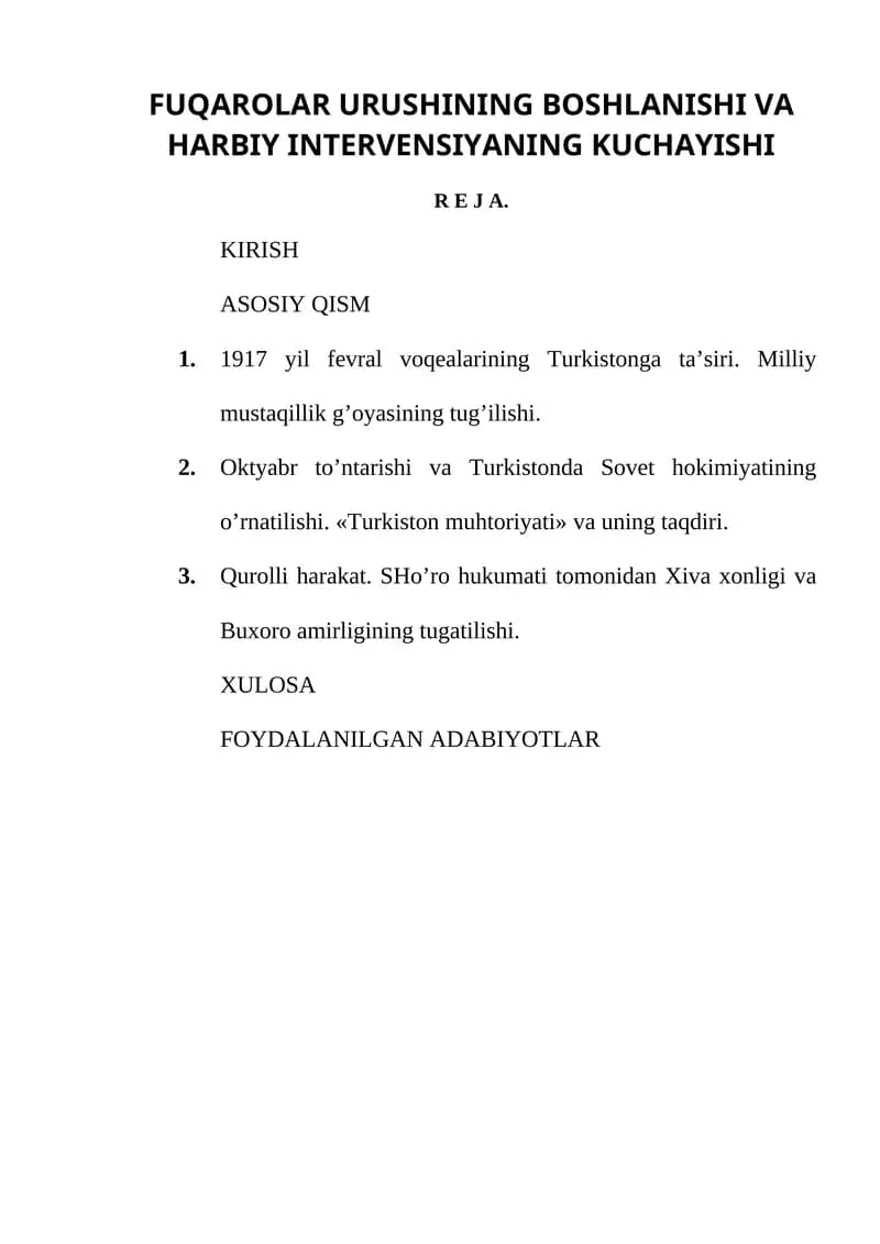 FUQAROLAR URUSHINING BOSHLANISHI VA HARBIY INTERVENSIYANING KUCHAYISHI