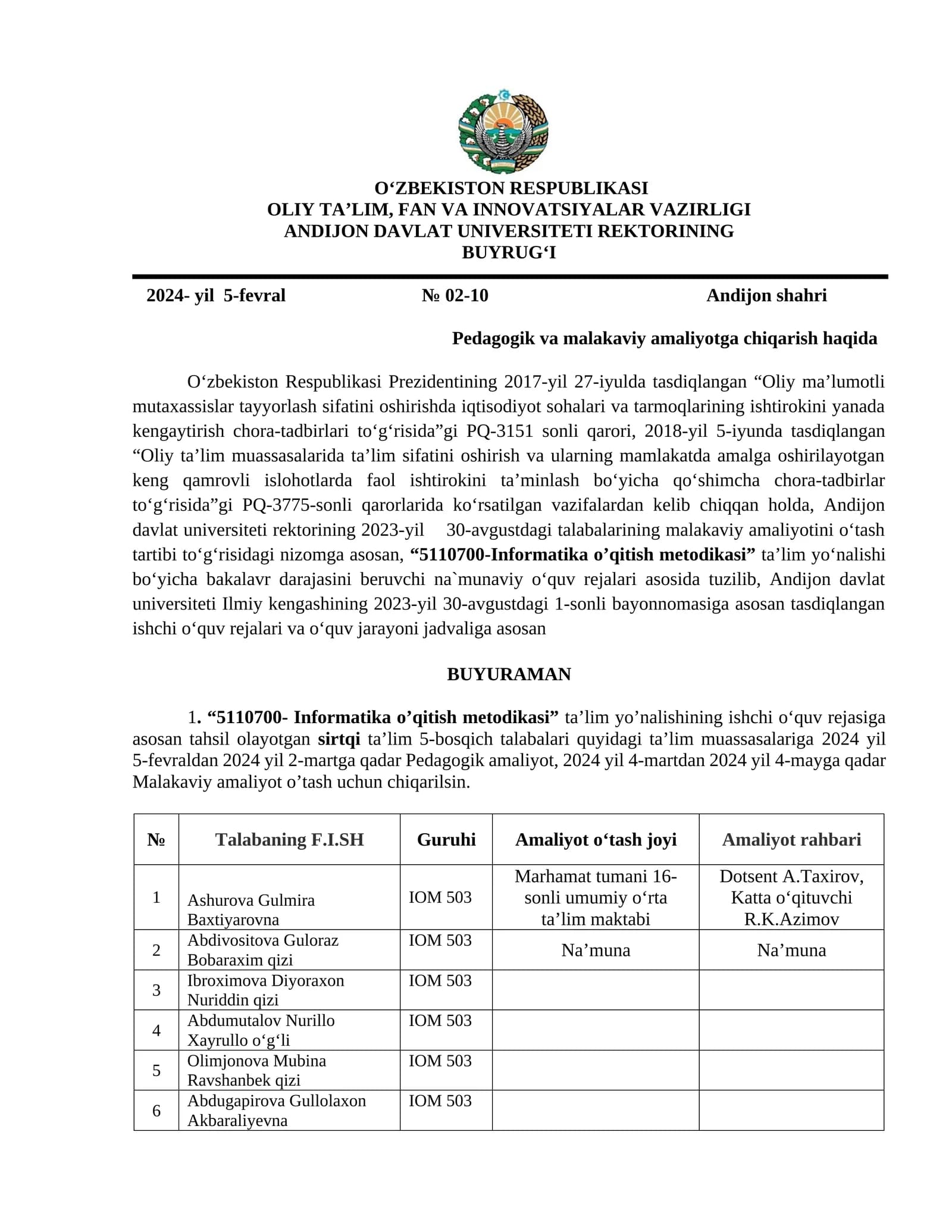 Pedagogik va malakaviy amaliyotga chiqarish haqida