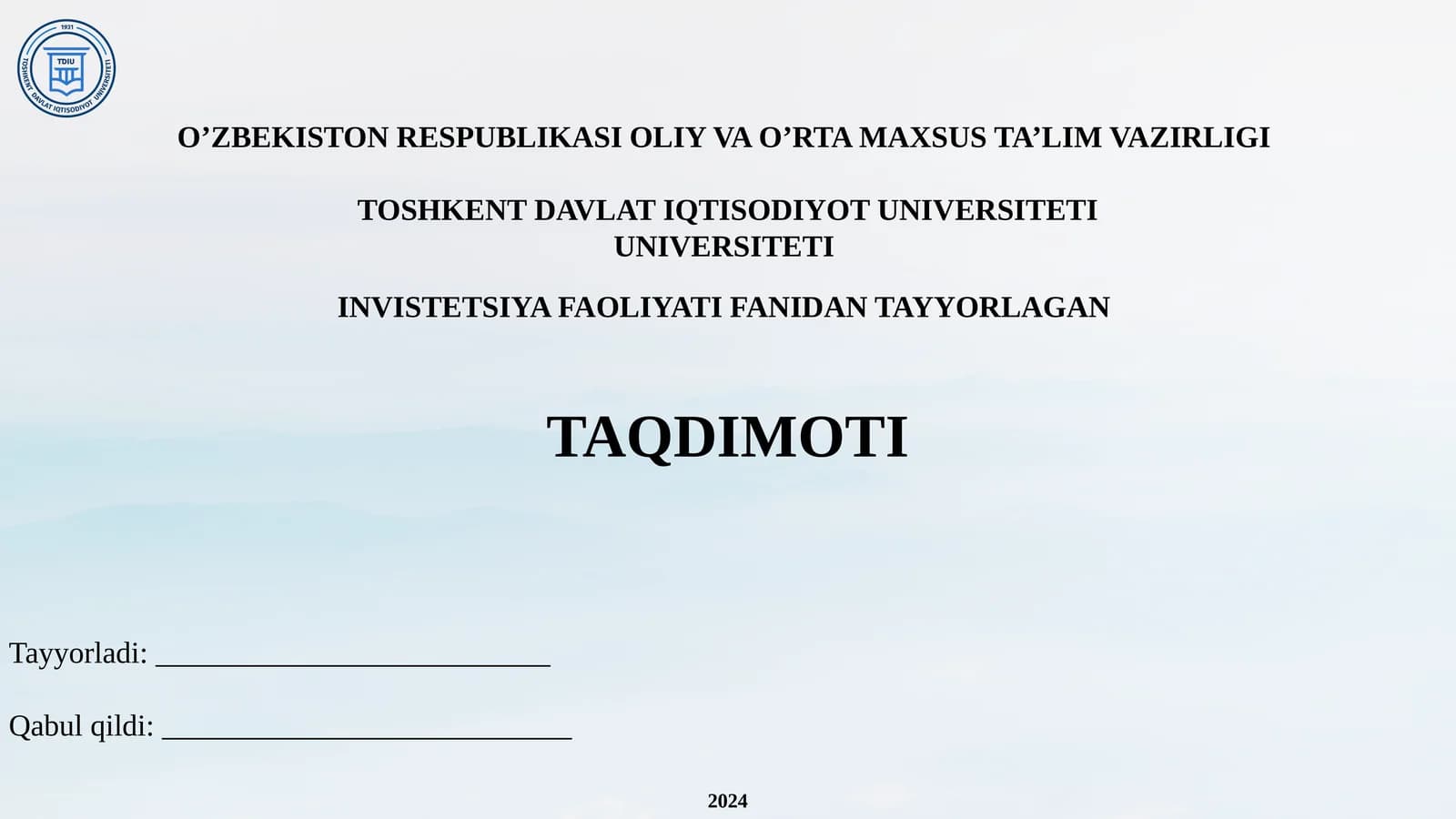 INVISTETSIYA FAOLIYATIFANIDAN TAYYORLAGAN TAQDIMOTI