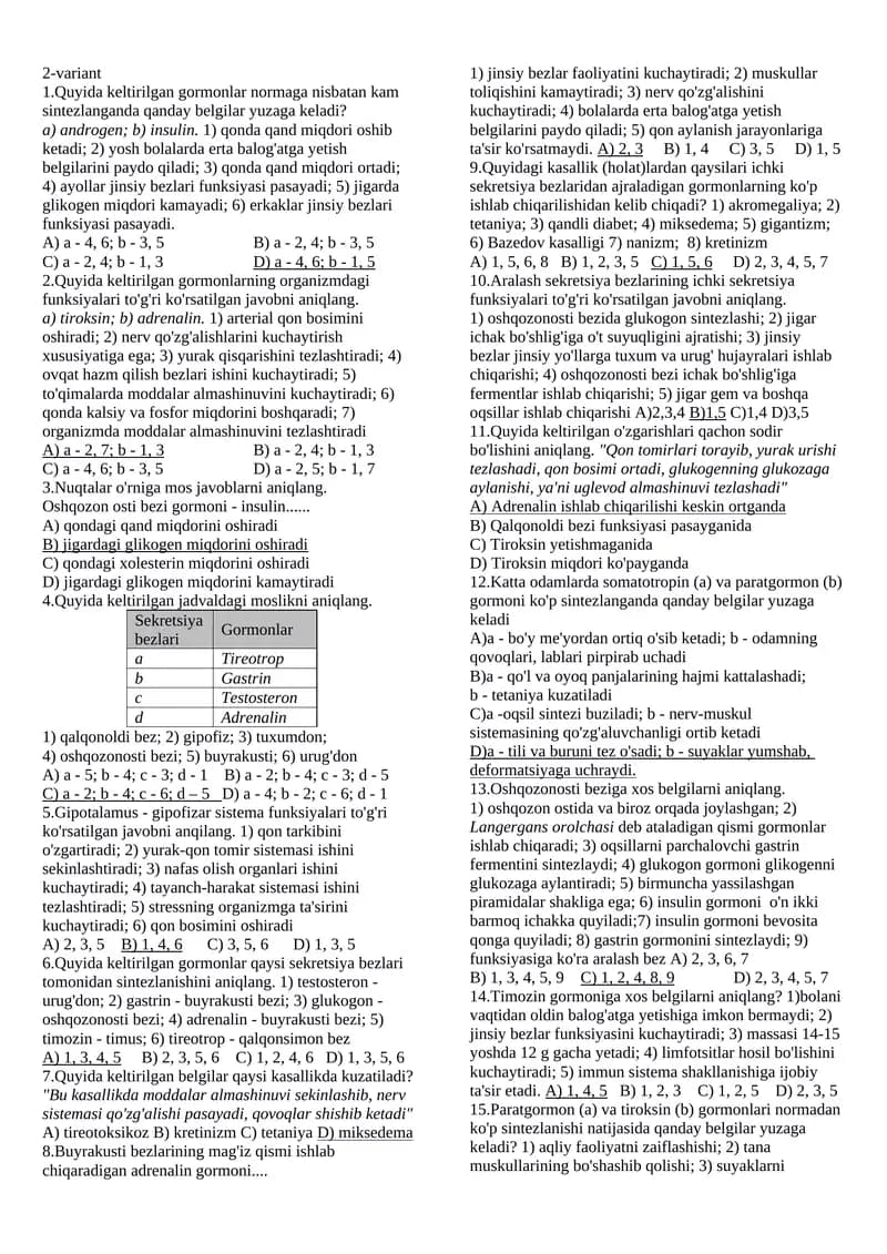 ichki sekretsiya bezlari test 2 qism