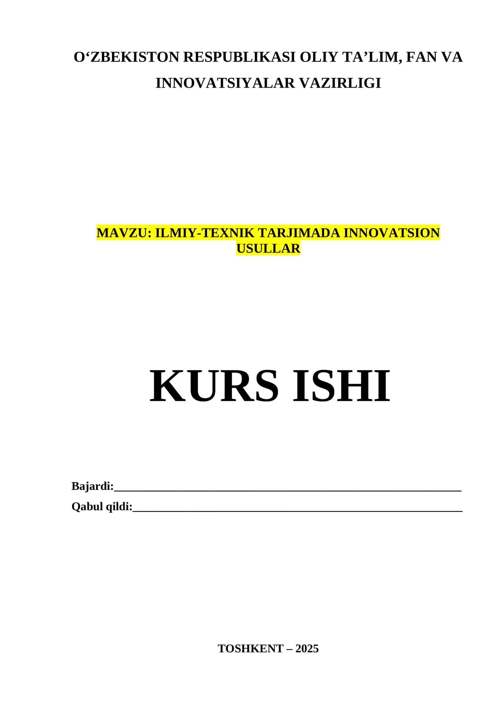 ILMIY-TEXNIK TARJIMADA INNOVATSION USULLAR
