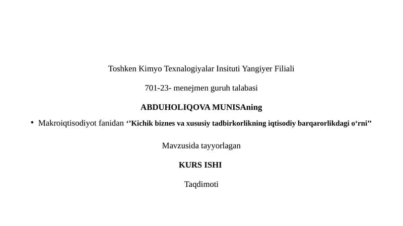 Kichik biznes va xususiy tadbirkorlikning iqtisodiy barqarorlikdagi o‘rni