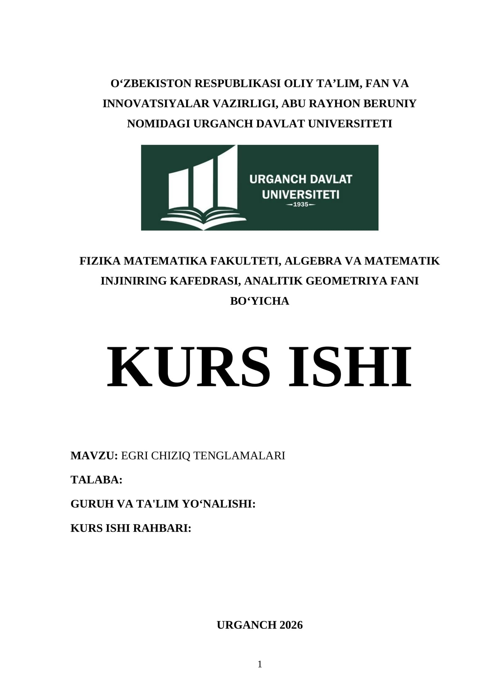 EGRI CHIZIQ TENGLAMALARI