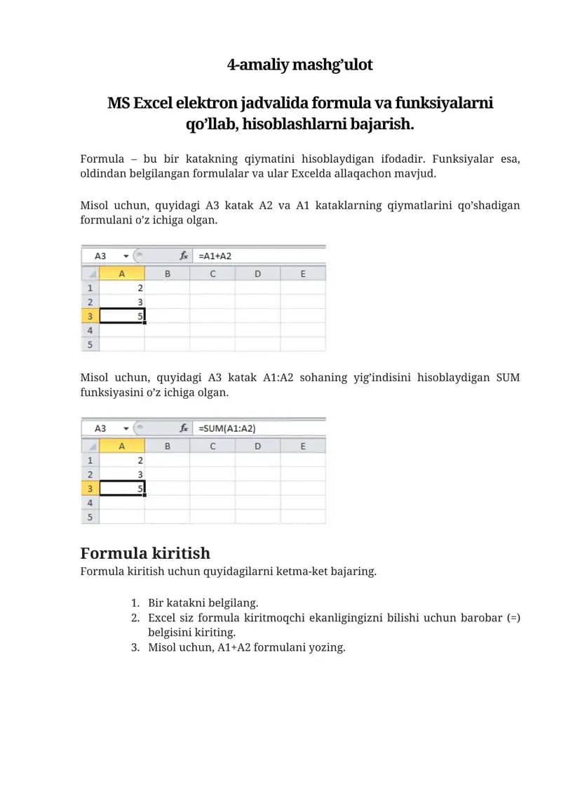 MS Excel elektron jadvalida formula va funksiyalarni qo’llab, hisoblashlarni bajarish