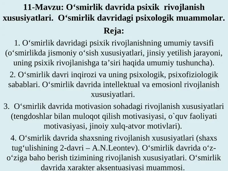 O‘smirlik davridagi psixologik muammolar