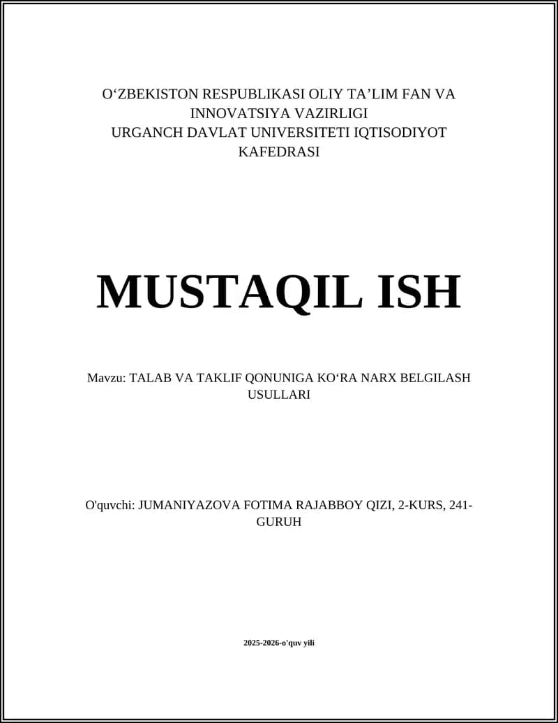 TALAB VA TAKLIF QONUNIGA KOʻRA NARX BELGILASH USULLARI