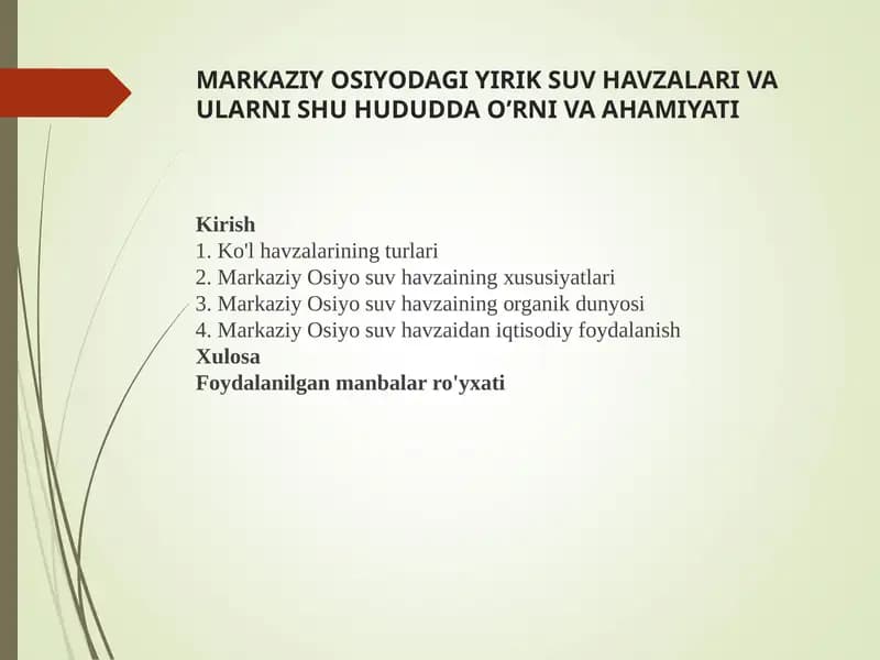 MARKAZIY OSIYODAGI YIRIK SUV HAVZALARI VA ULARNI SHU HUDUDDA O’RNI