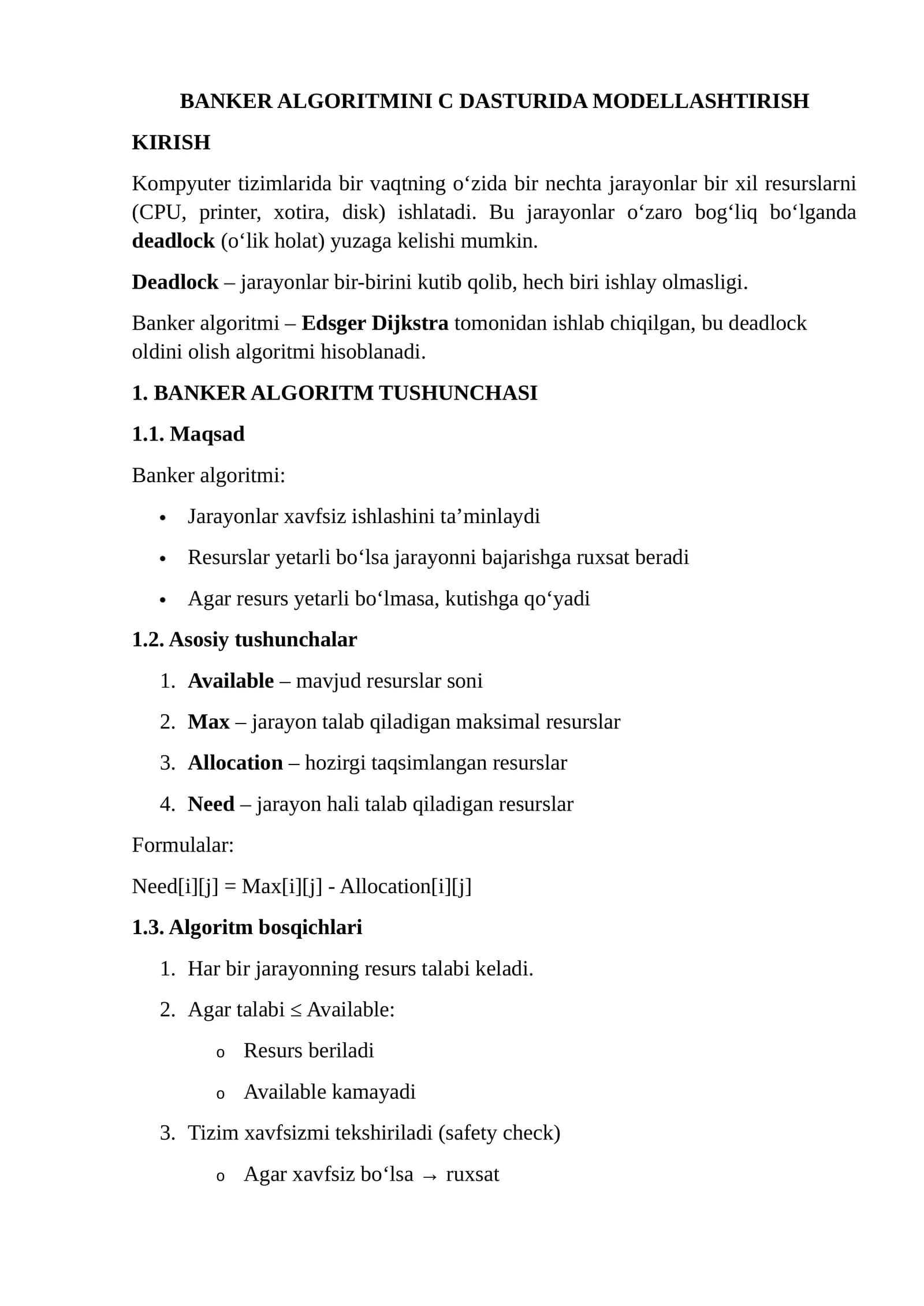 BANKER ALGORITMINI C DASTURIDA MODELLASHTIRISH
