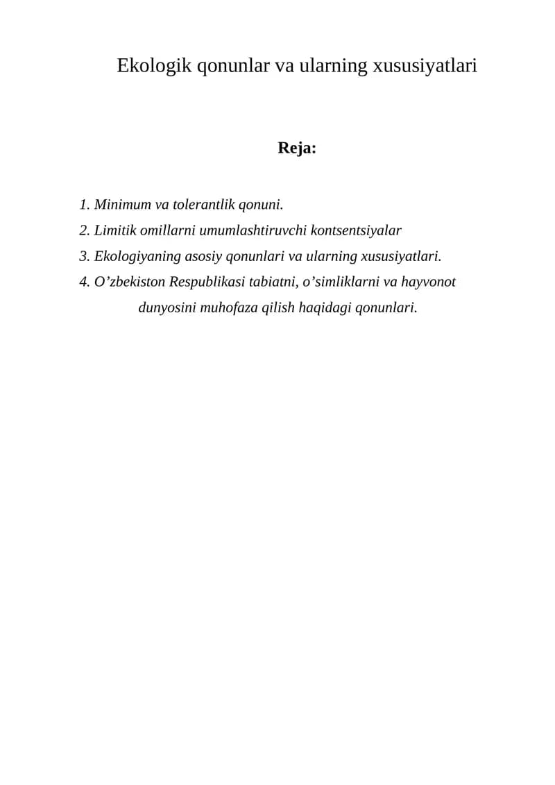 Ekologik qonunlar va ularning xususiyatlari