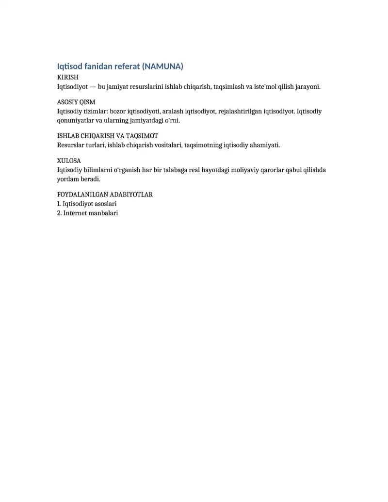 Iqtisod fanidan referat (NAMUNA)