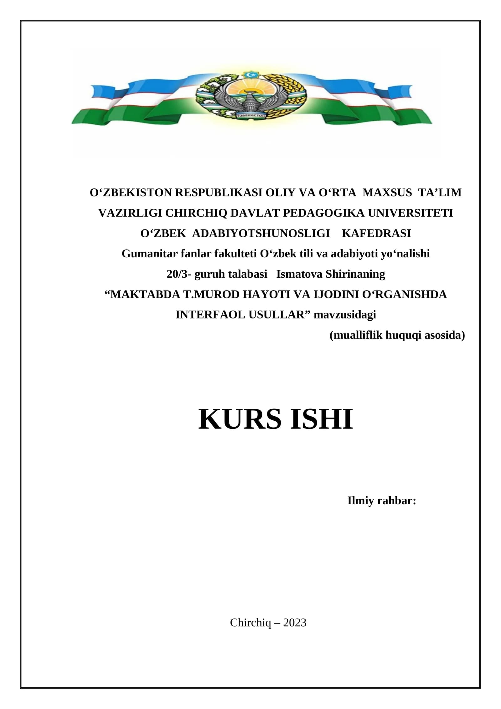 MAKTABDA T.MUROD HAYOTI VA IJODINI O‘RGANISHDA INTERFAOL USULLAR