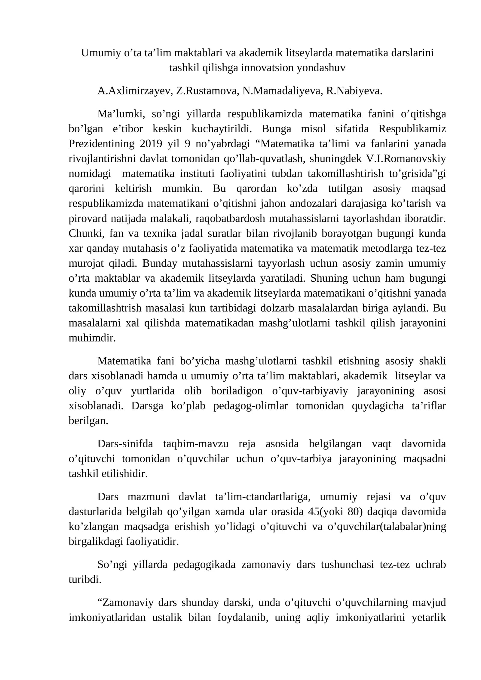 Matematika fanini o’qitish innovatsion yondashuv