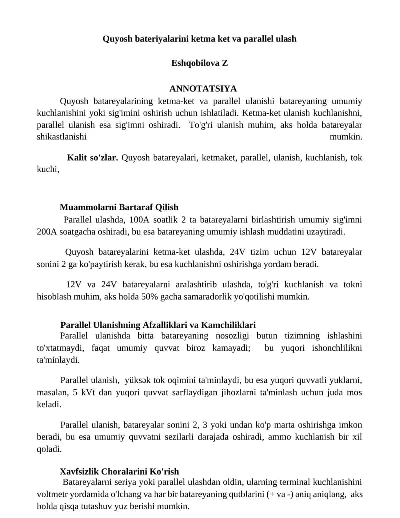 Quyosh batareyalarini ketma ket va parallel ulash
