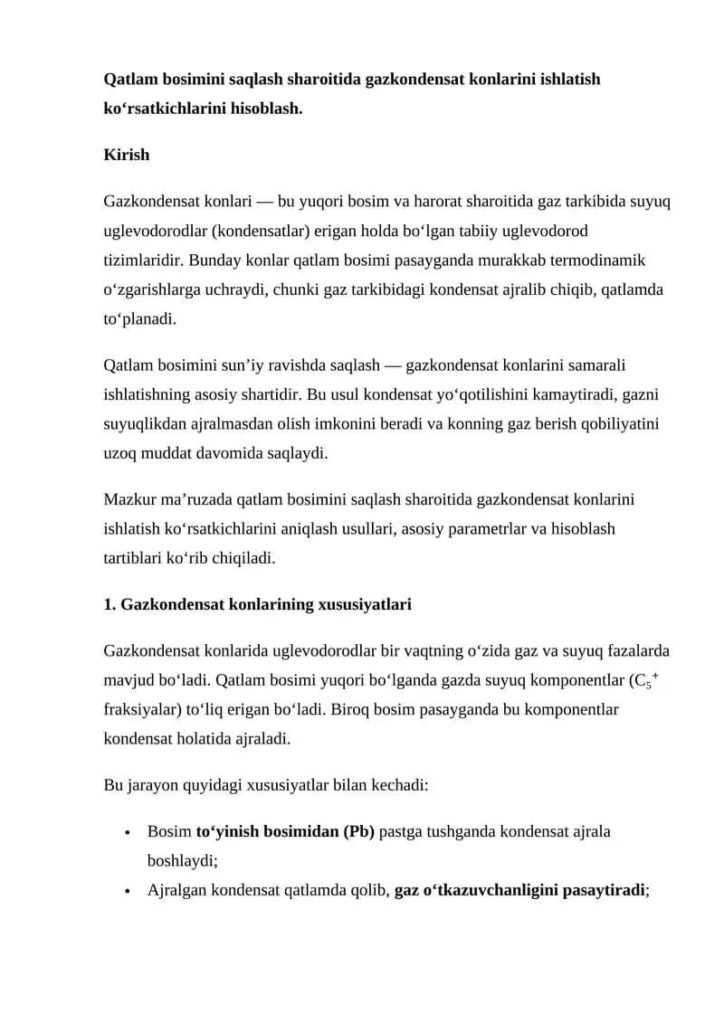 Gazkondensat konlarini ishlatish ko‘rsatkichlarini hisoblash