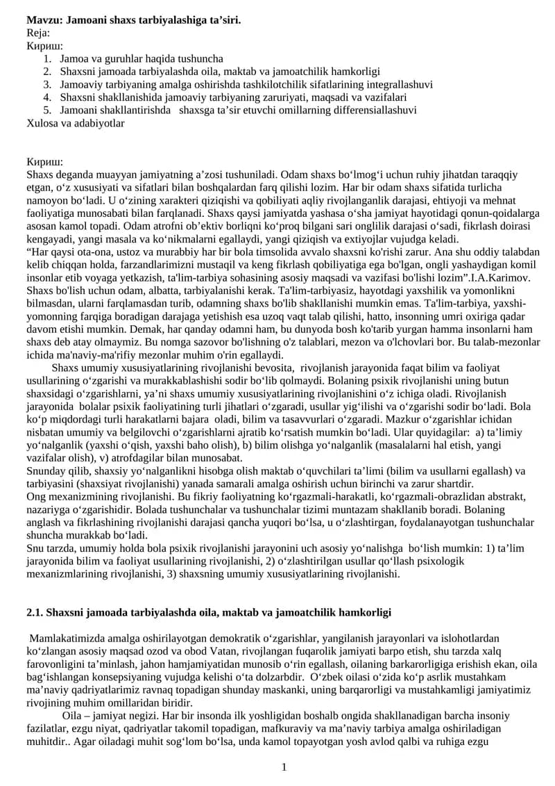 Jamoani shaxs tarbiyalashiga ta’siri