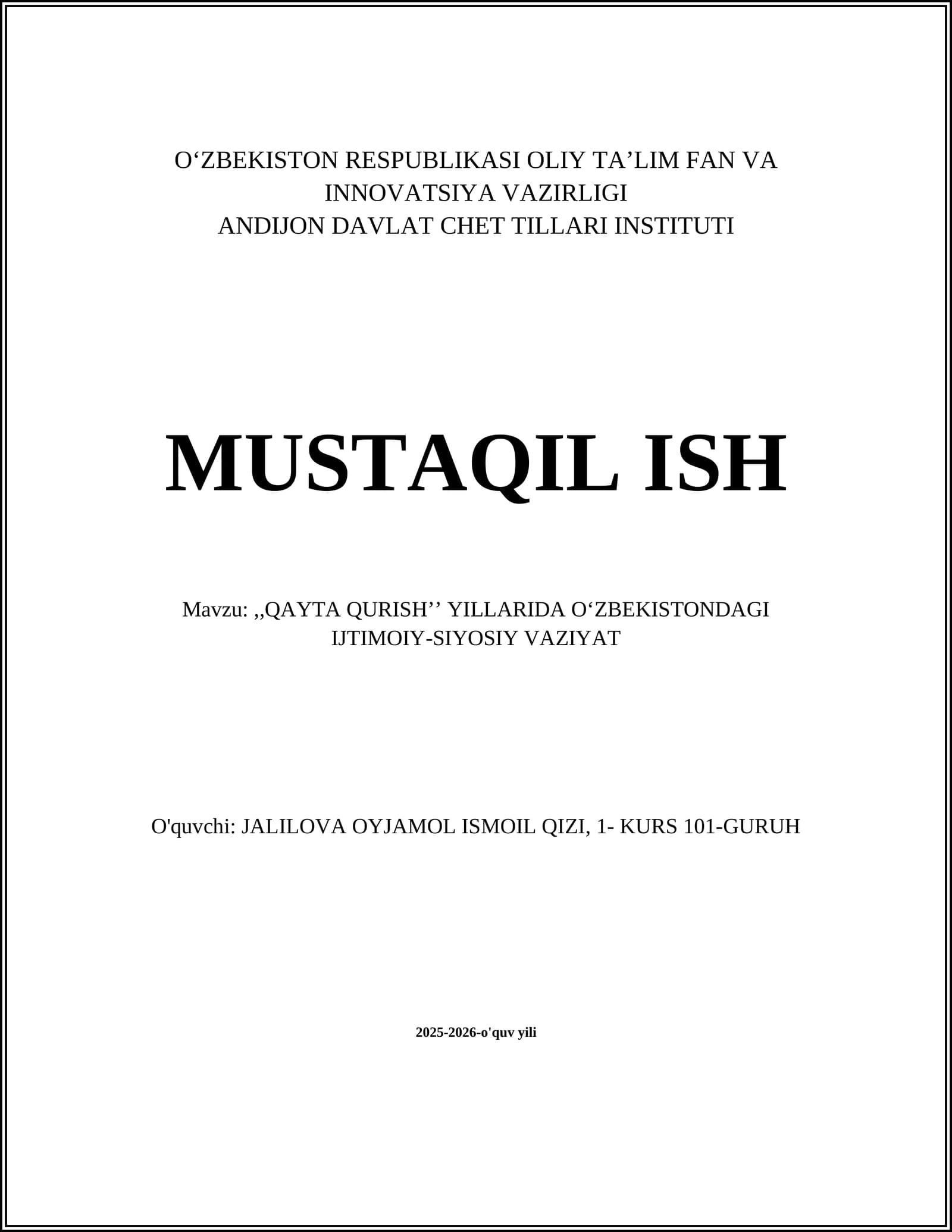 QAYTA QURISHʼʼ YILLARIDA OʻZBEKISTONDAGI IJTIMOIY-SIYOSIY VAZIYAT