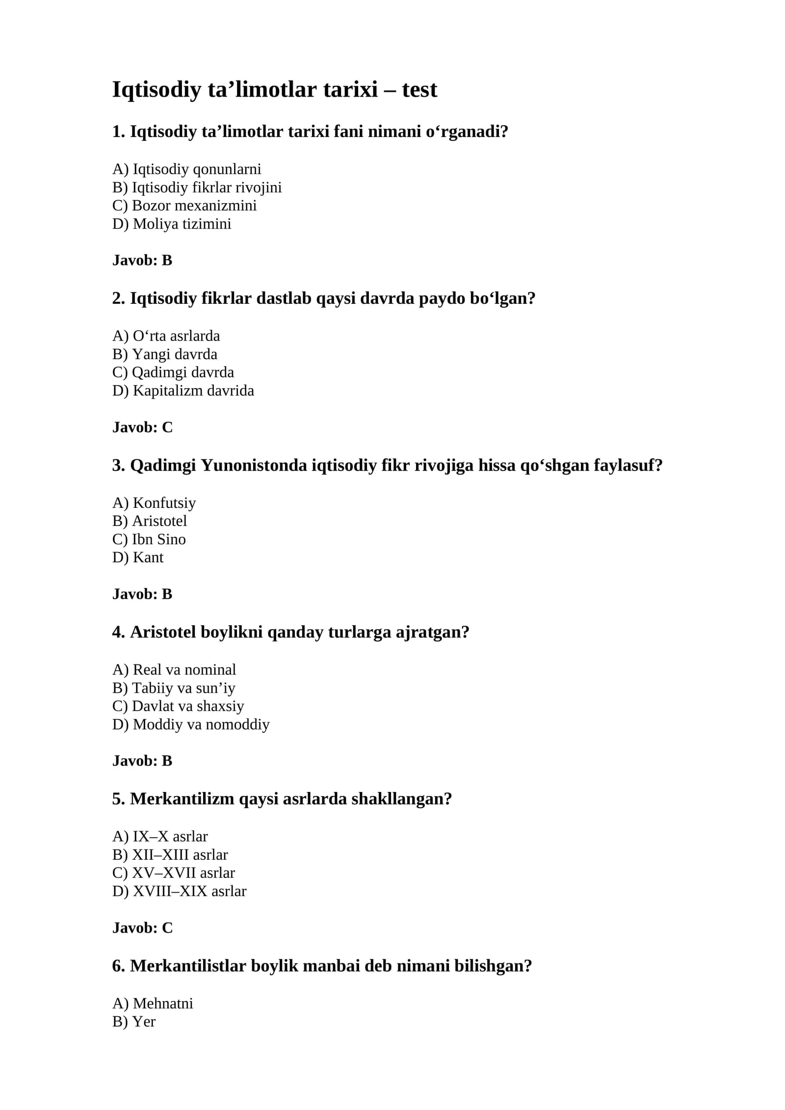 Iqtisodiy ta’limotlar tarixi – test
