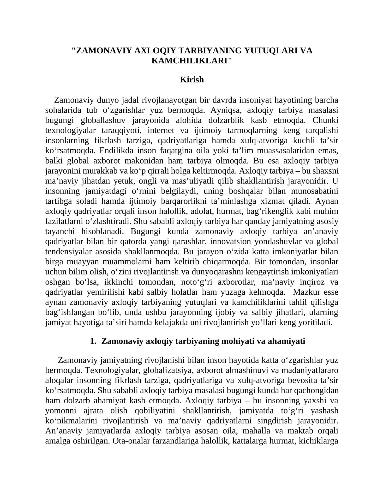 ZAMONAVIY AXLOQIY TARBIYANING YUTUQLARI VA KAMCHILIKLARI