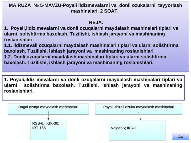 Poyali ildizmevalarni vadonli ozukalarni tayyorlash mashinalari