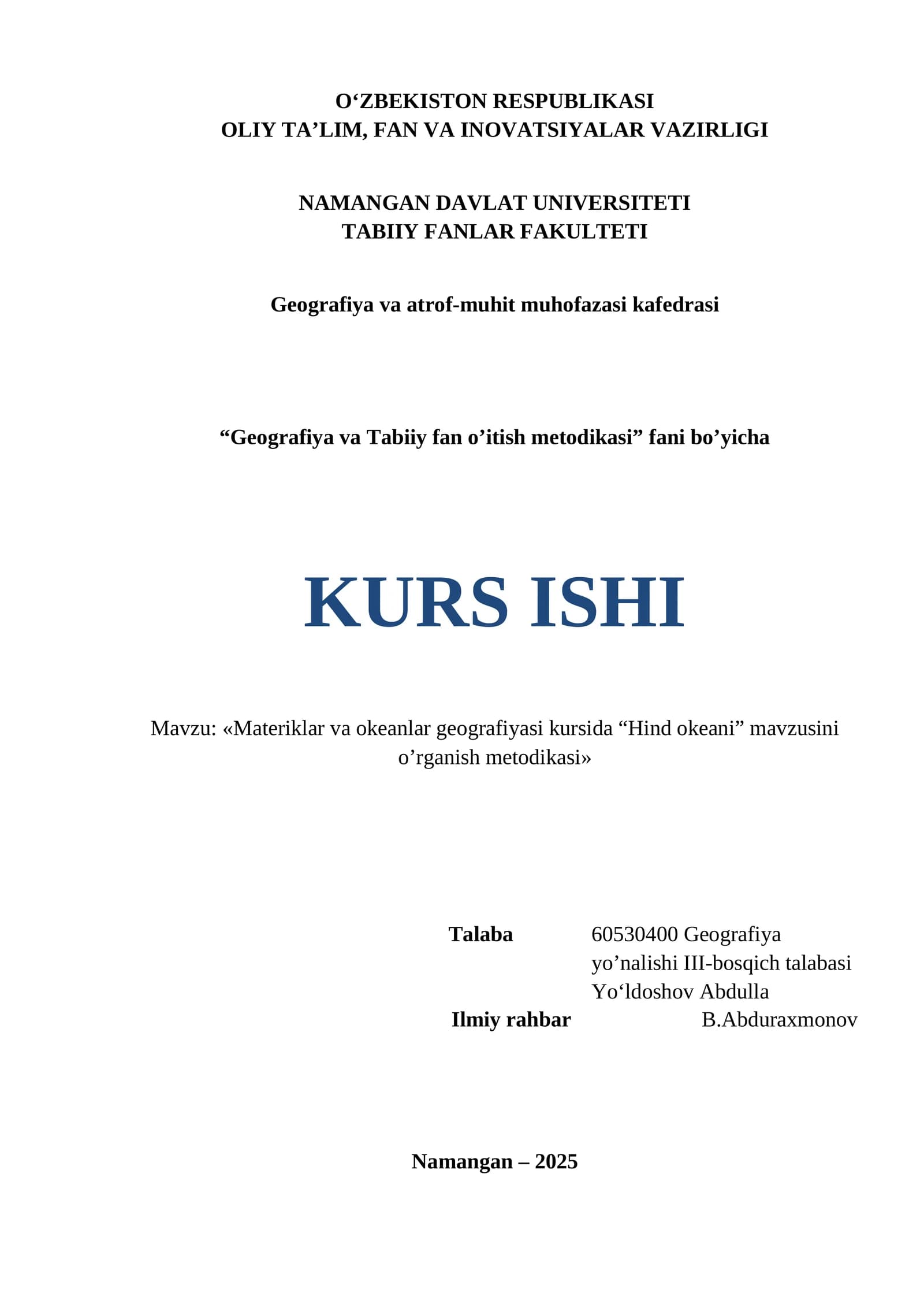 Materiklar va okeanlar geografiyasi kursida “Hind okeani” mavzusini o’rganish metodikasi