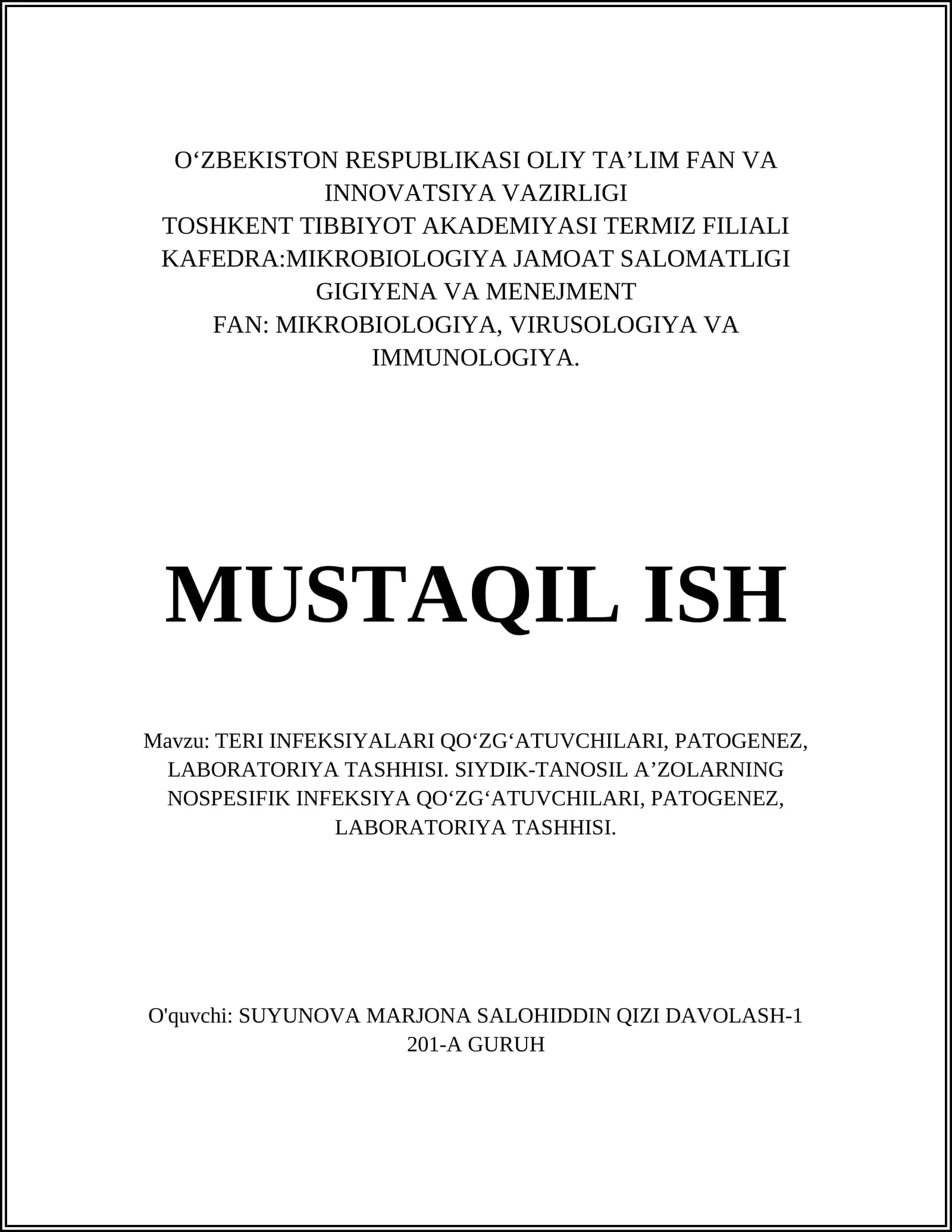 TERI INFEKSIYALARI QOʻZGʻATUVCHILARI, PATOGENEZ, LABORATORIYA TASHHISI