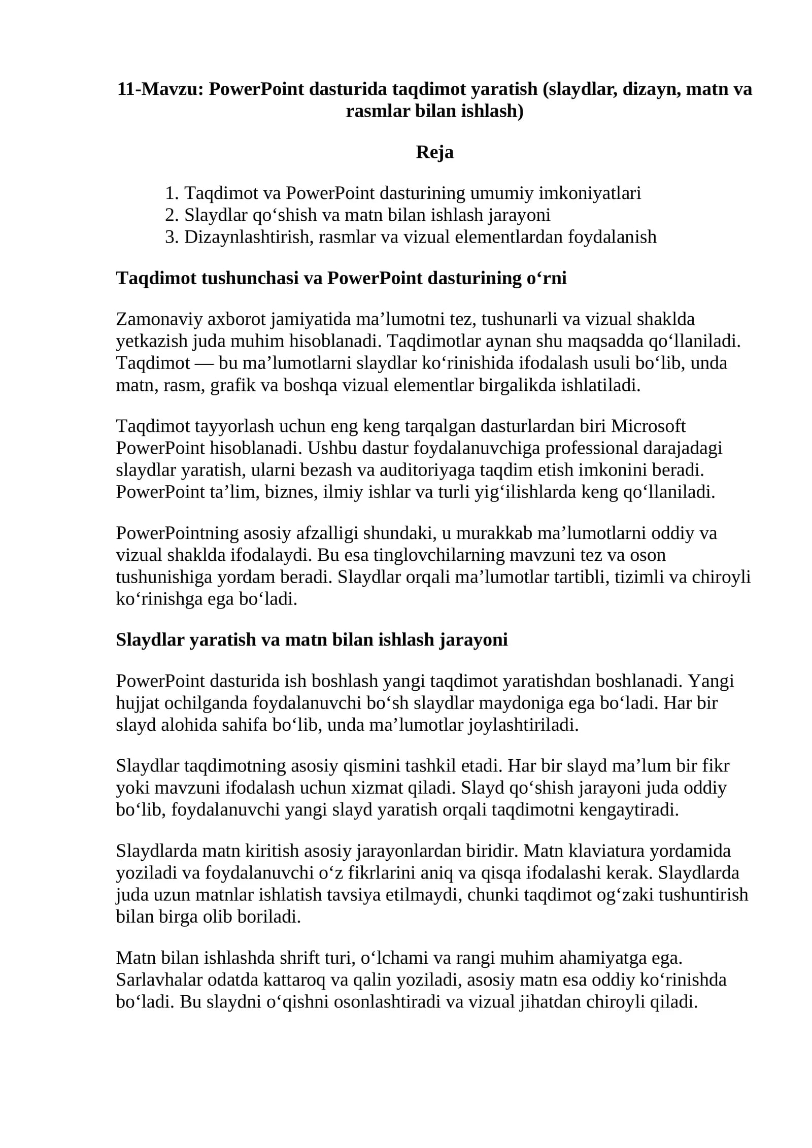 PowerPoint dasturida taqdimot yaratish