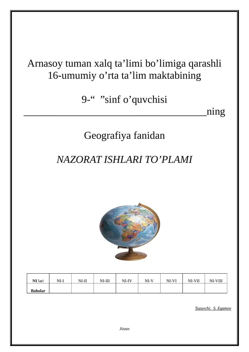 Geografiya fanidan nazorat ishlari to’plami