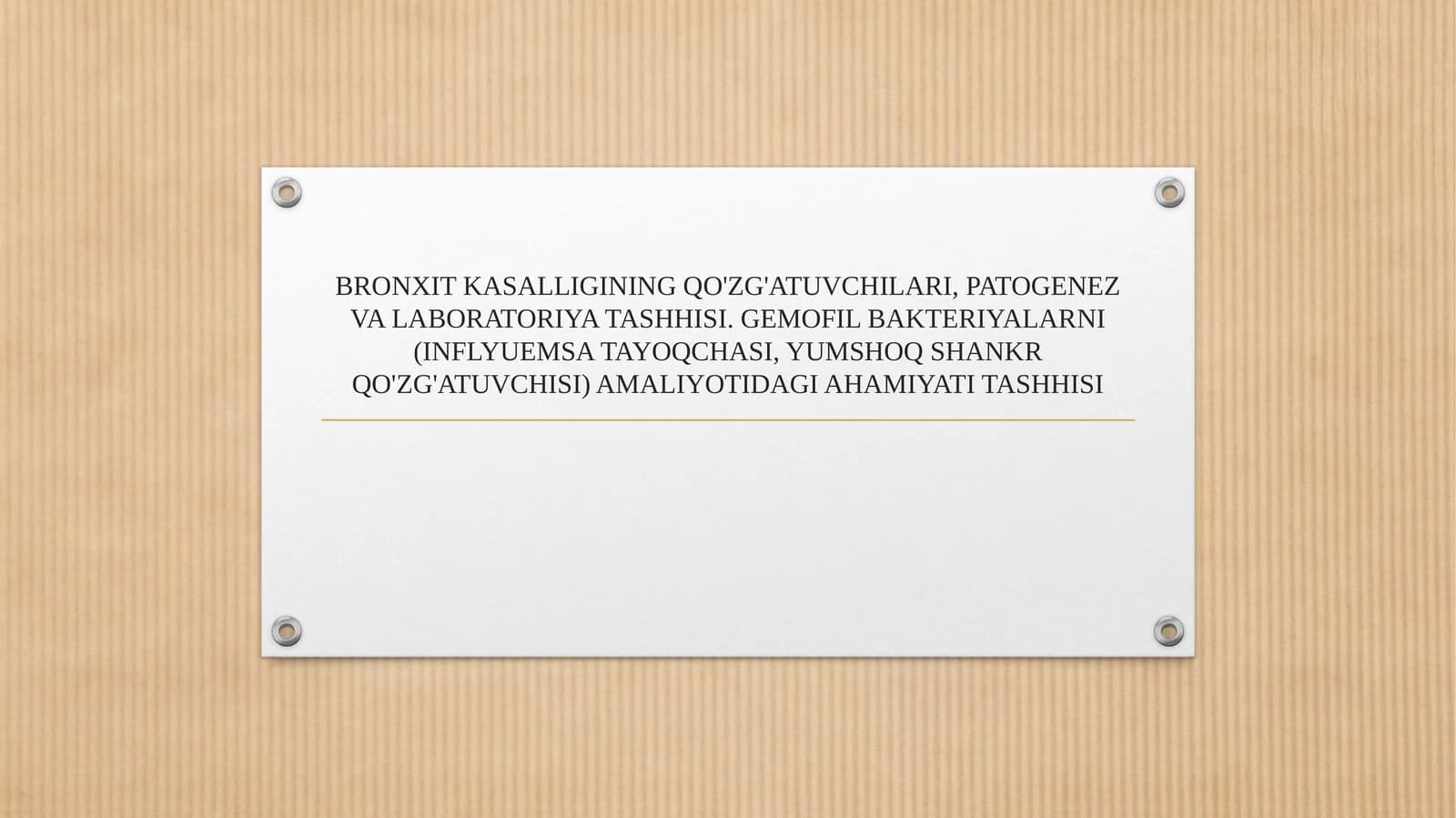 BRONXIT KASALLIGINING QO'ZG'ATUVCHILARI, PATOGENEZ VA LABORATORIYA TASHHISI. GEMOFIL BAKTERIYALARNI (INFLYUEMSA TAYOQCHASI, YUMSHOQ SHANKR QO'ZG'ATUVCHISI) AMALIYOTIDAGI AHAMIYATI TASHHISI