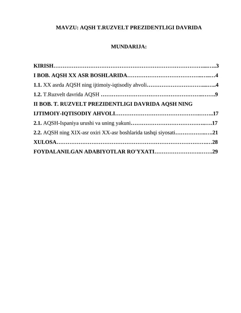 AQSH T.RUZVELT PREZIDENTLIGI DAVRIDA
